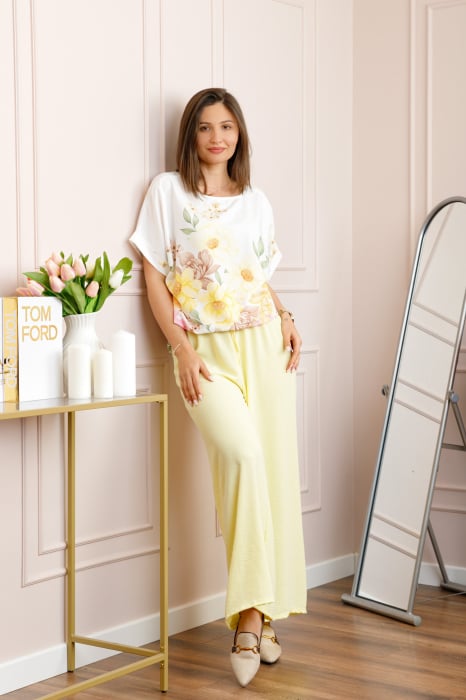 Compleu dama Deborah cu bluza vaporoasa si pantaloni largi - Galben pastel