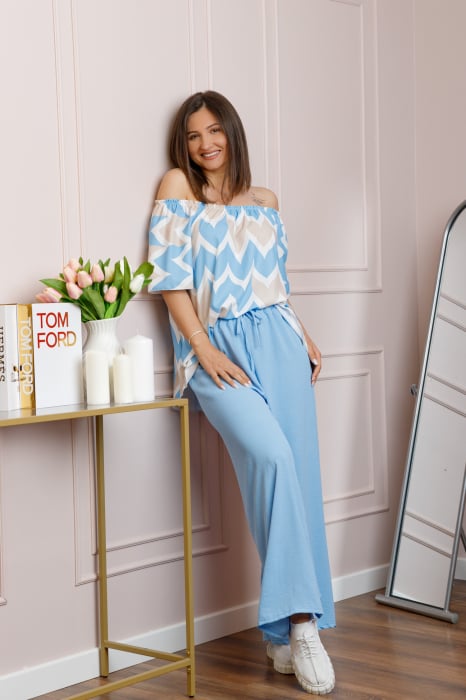 Compleu dama Eleanor cu bluza vaporoasa si pantaloni largi - Bleu