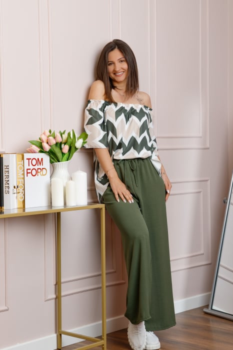 Compleu dama Eleanor cu bluza vaporoasa si pantaloni largi - Kaki
