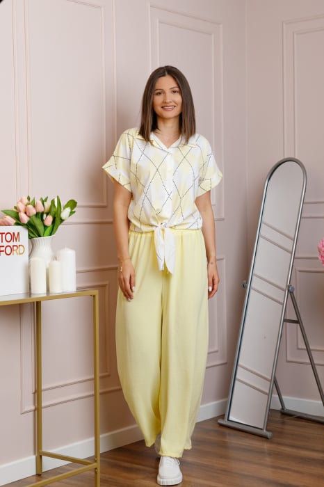 Compleu dama galben pastel cu pantaloni largi si bluza cu nod Candice