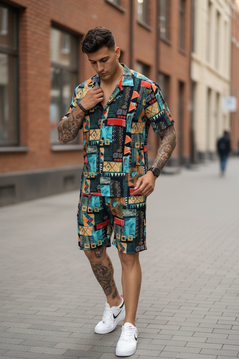 Compleu de vara cu imprimeu camasa + pantaloni 978 43-4.3