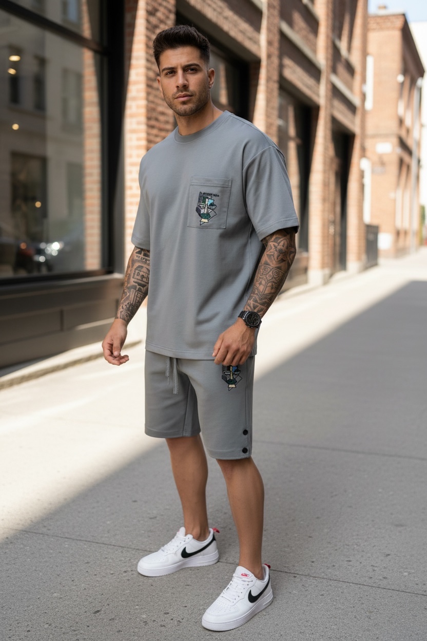 Compleu de vara tricou + pantaloni gri imprimeu pe spate 031 39-5