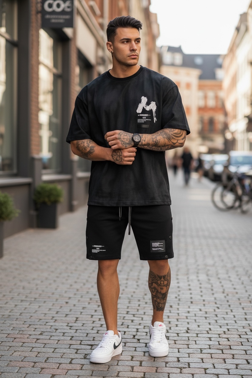 Compleu de vara tricou + pantaloni negru imprimeu pe spate 012 42-5