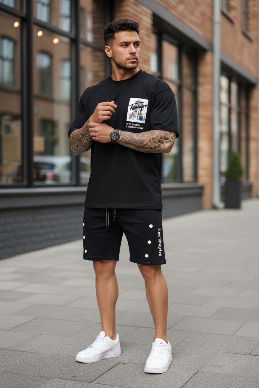 Compleu de vara tricou + pantaloni negru imprimeu pe spate 029 44-4.2
