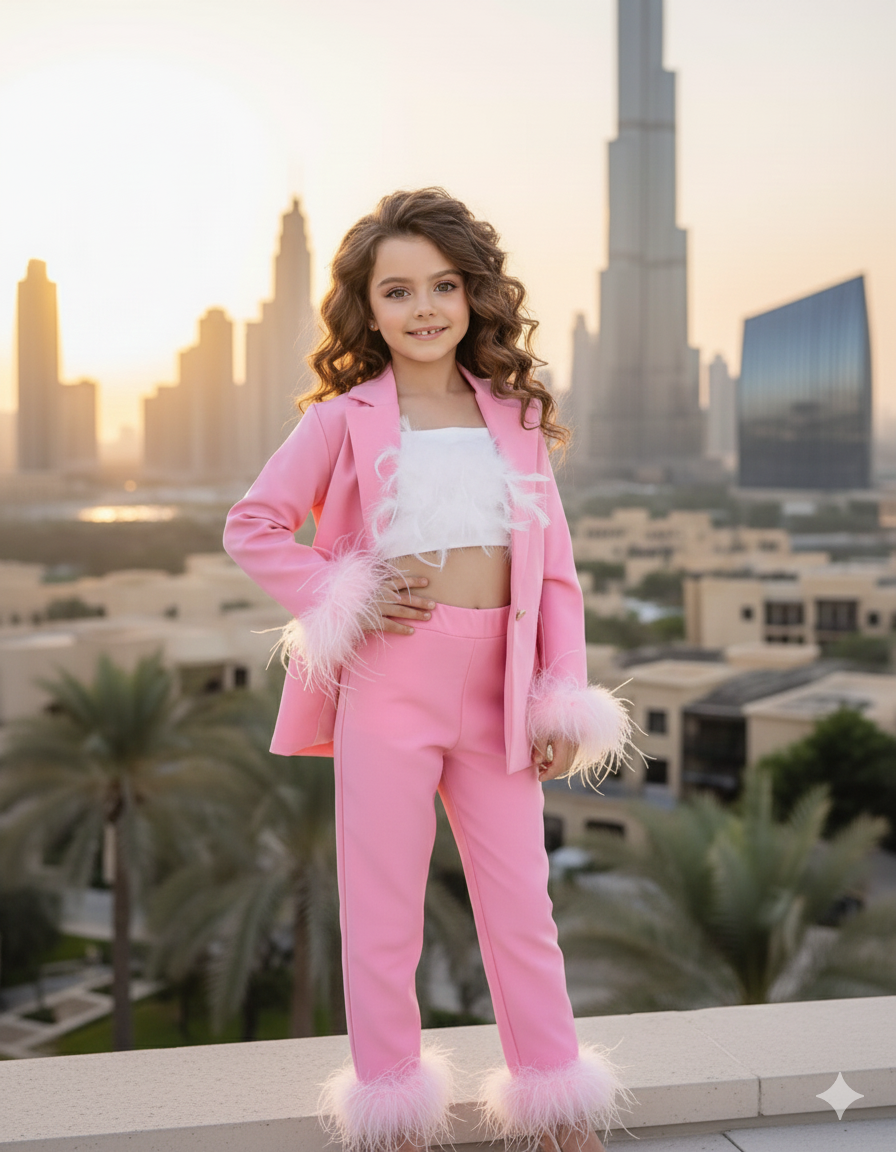 Compleu roz elegant pantaloni si sacou accesorizat cu blanita naturala pentru fete - Belinda
