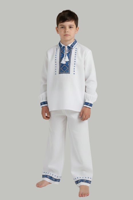 Compleu traditional alb pentru baieti cu motiv geometric albastru Stefan