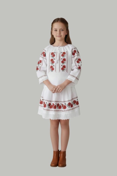 Compleu traditional alb pentru fetite cu motiv floral rosu Ilona