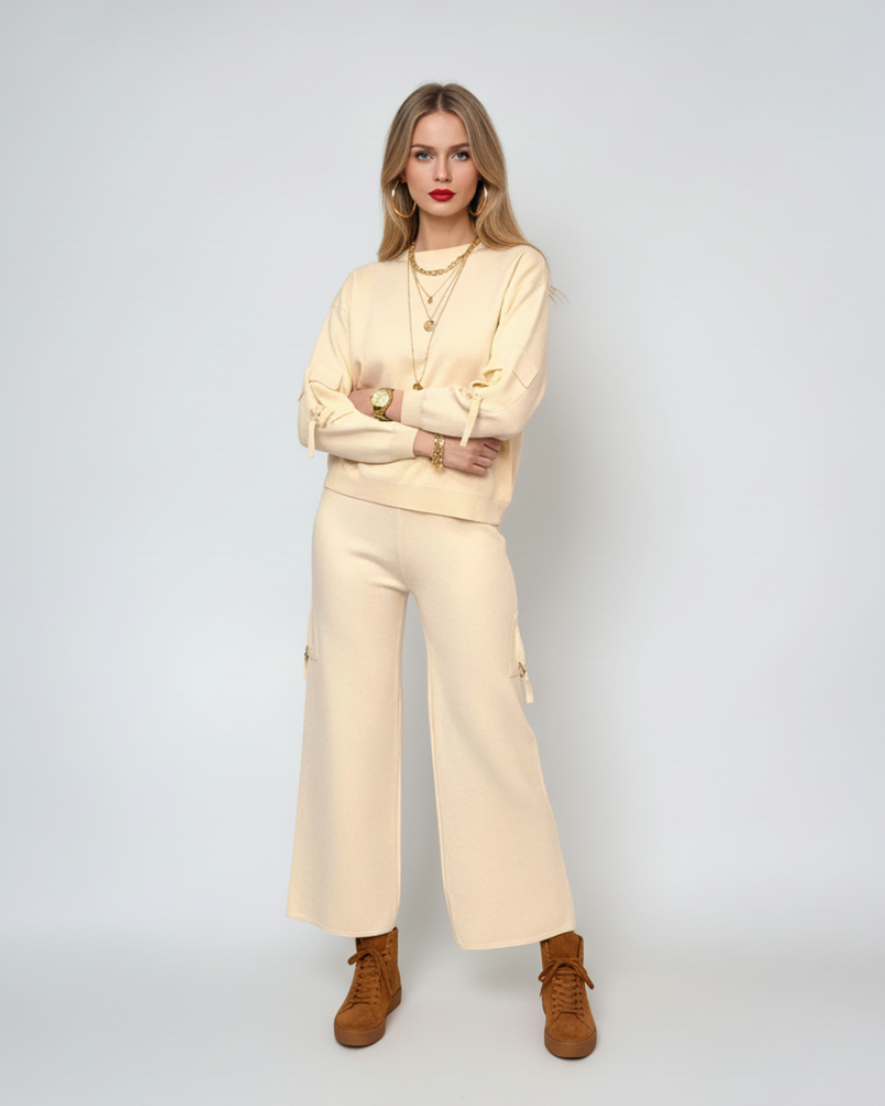 Compleu tricotat casual cu cataramă la buzunare crem - Unica S-L
