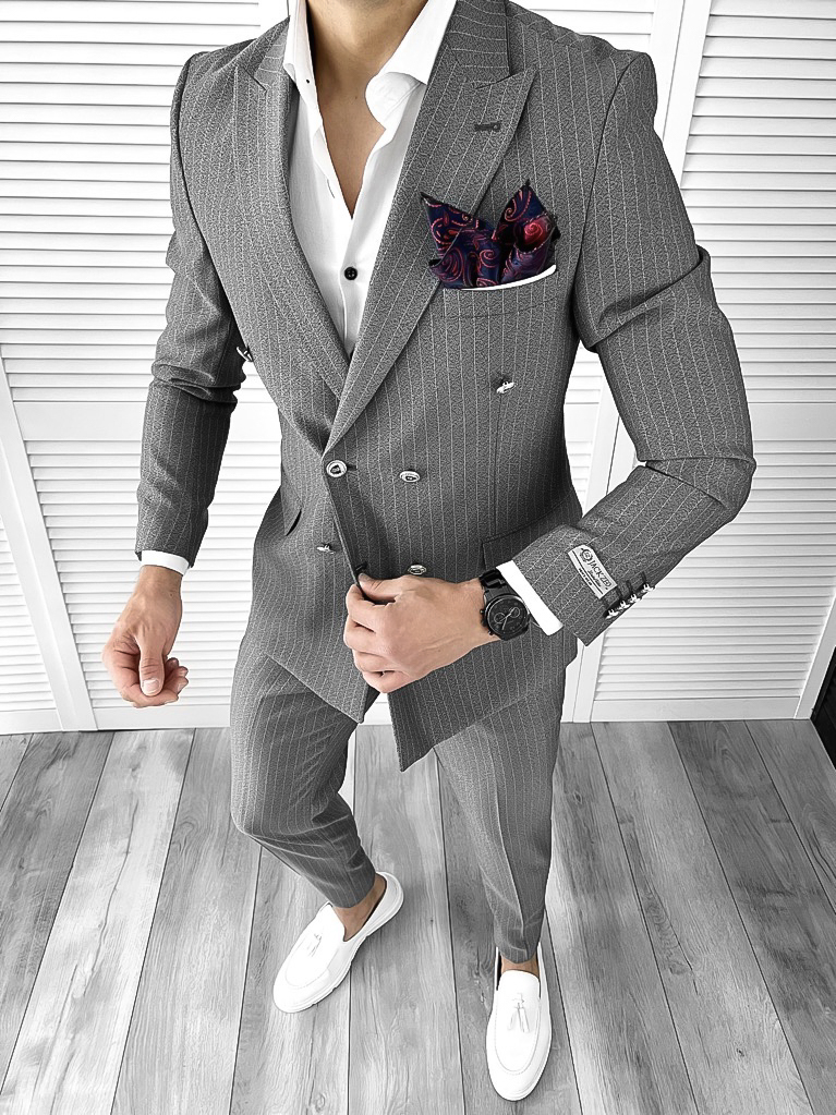 Costum barbati gri inchis in dungi slim fit in sacou + pantaloni 11712 P20-1.1