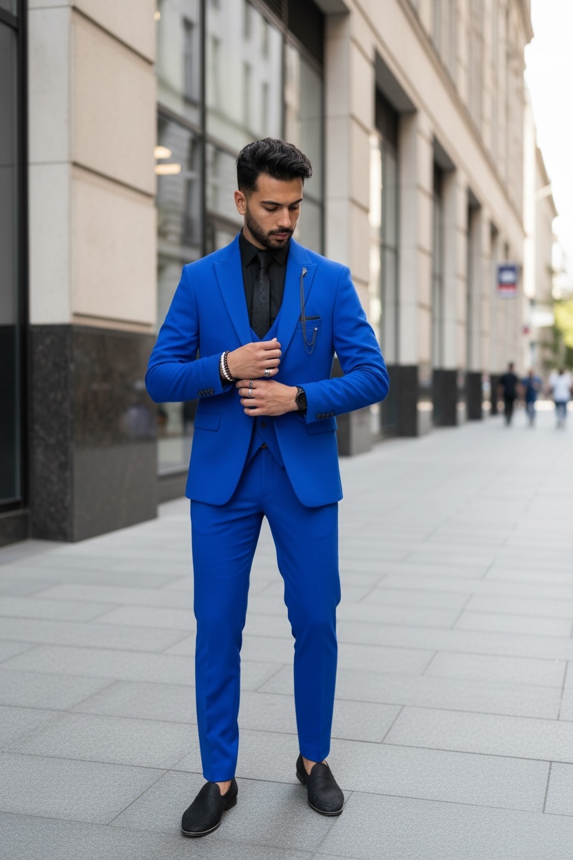 Costum barbati slim fit albastru 3 piese 11839 48-3