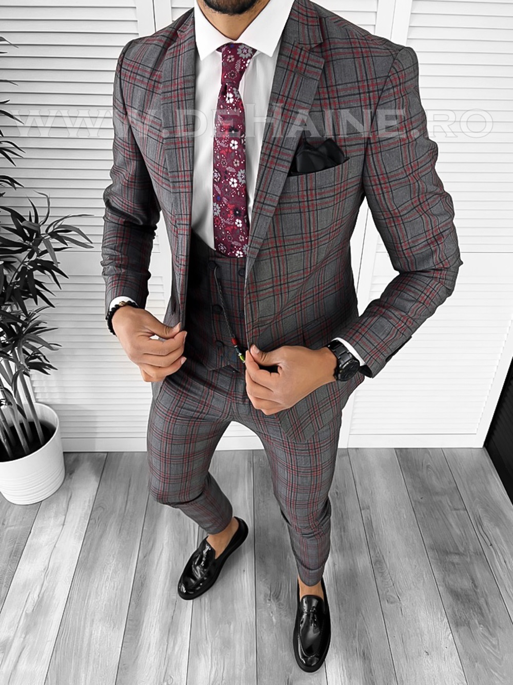 Costum barbati slim fit gri in carouri B7919 P18-4.3