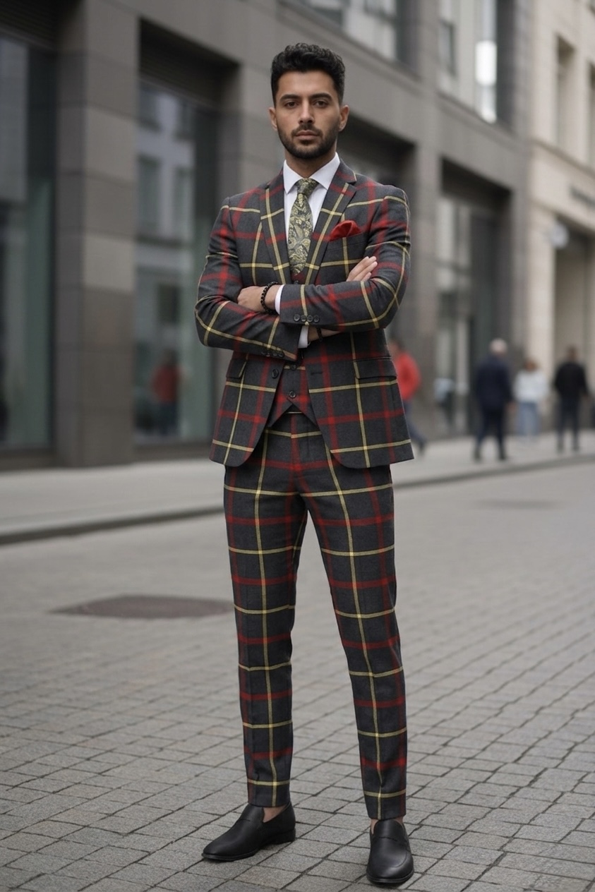 Costum barbati slim fit in carouri B7917 81