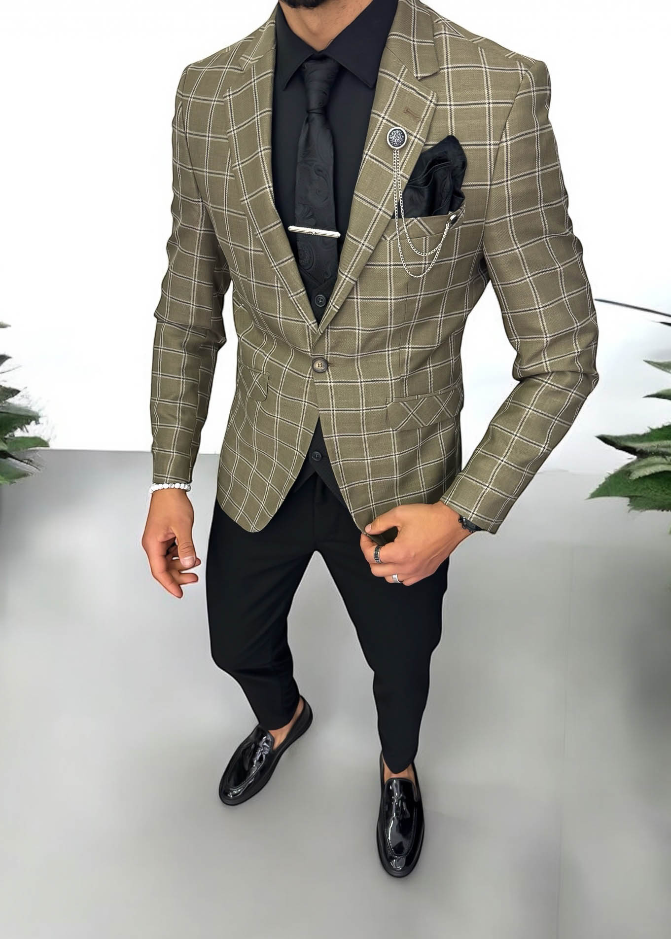 Costum barbati slim fit sacou pantaloni vesta cravata batista 13196
