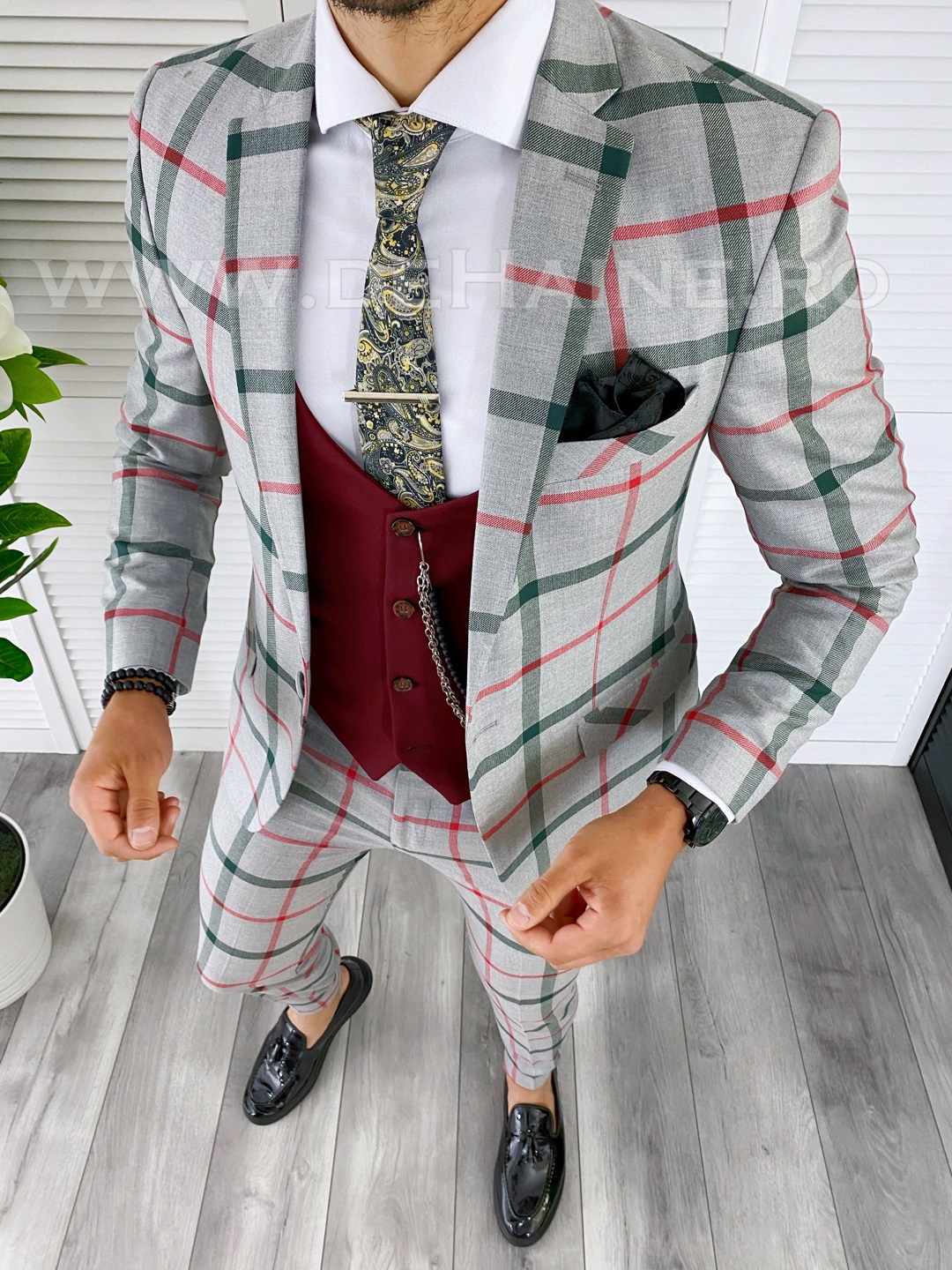 Costum barbati slim fit + Vesta grena B5365 P20-4.3/83-5 e ~