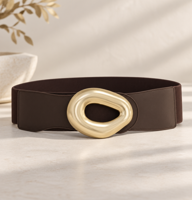 Curea elastica maro cu latime de 7 cm, catarama aurie
