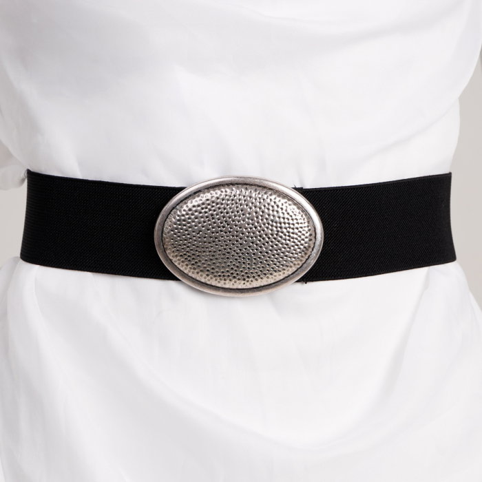 Curea neagra elastica cu catarama tip pafta, ovala texturata argintie