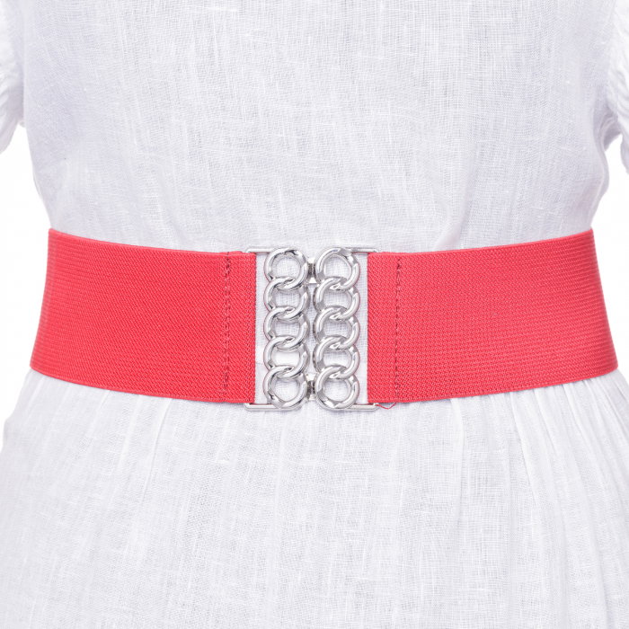 Curea rosie de 6 cm, din material elastic cu catarama argintie in forma de opturi