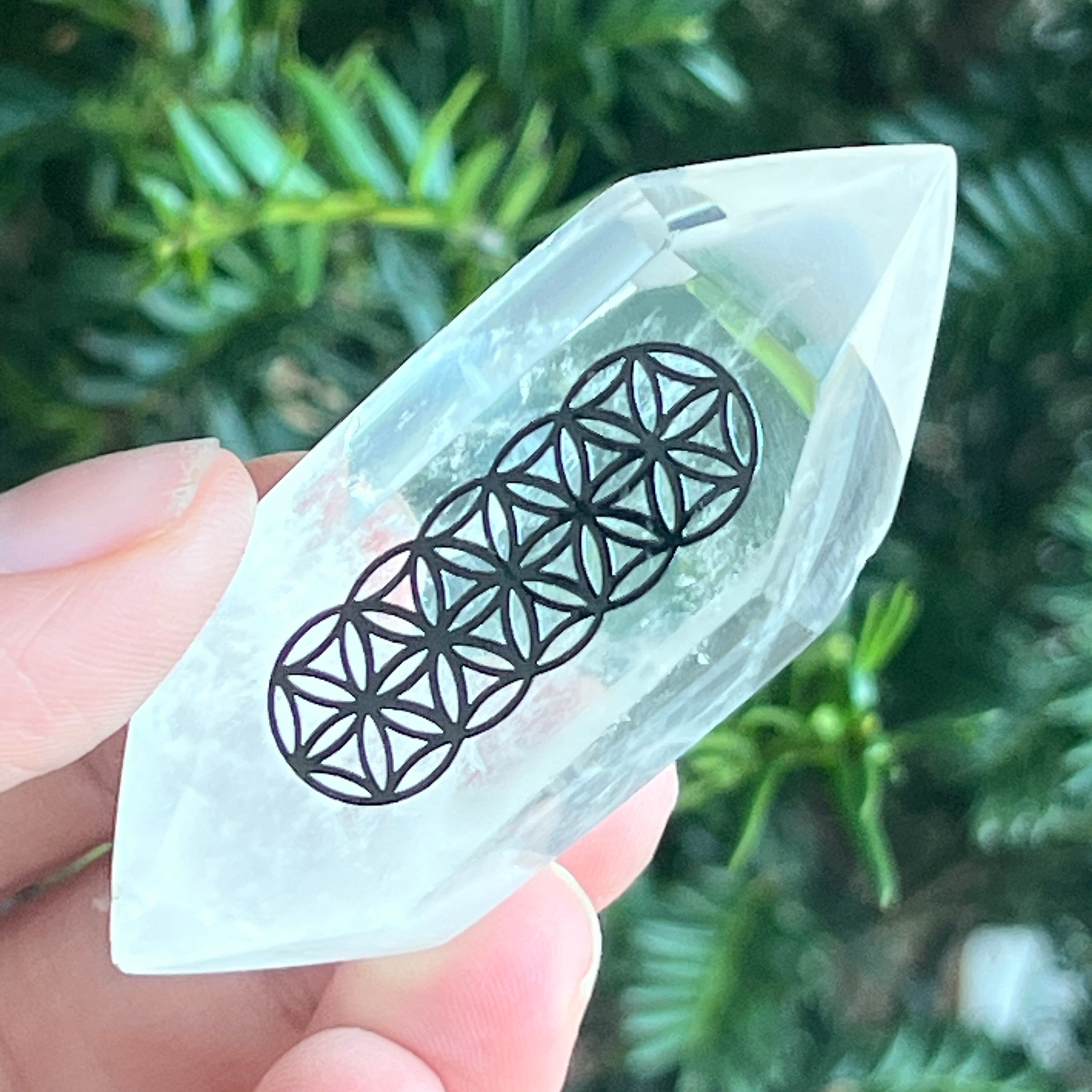 Dublu varf cristal de stanca/cuart incolor | Flower of Life