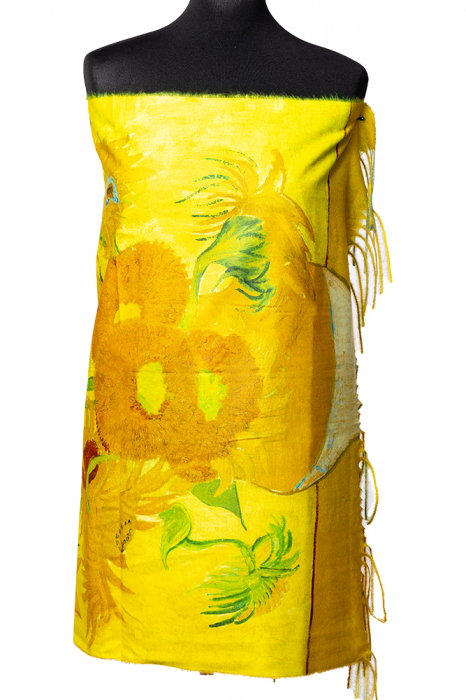 Esarfa cashmere cu doua fete imprimata cu model inspirat a dupa pictura Floarea soarelui a lui Vincent Van Gogh