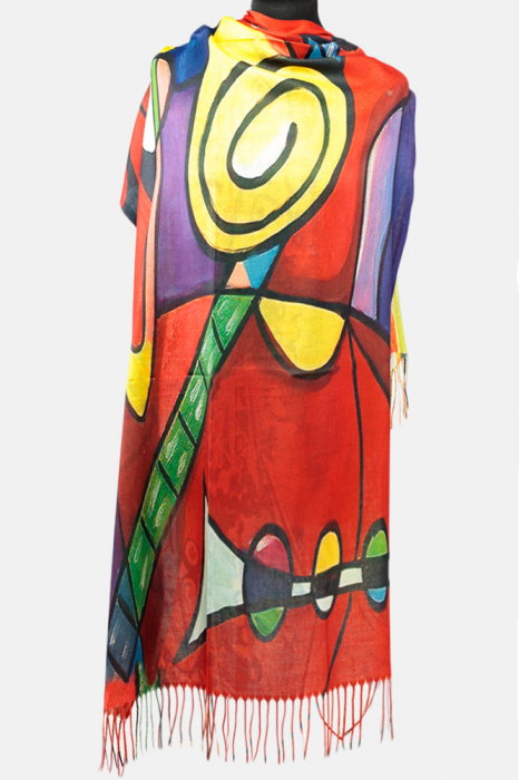 Esarfa cashmere cu doua fete imprimata cu model inspirat colorata intens a lui Picasso