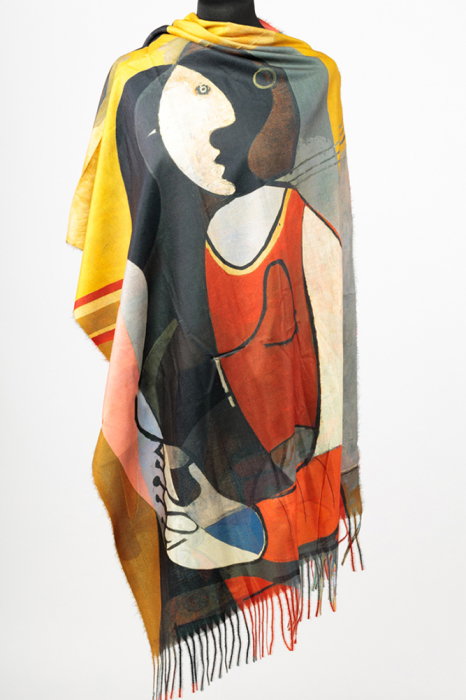 Esarfa cashmere cu doua fete imprimata cu model inspirat dupa Woman dressing her hair a lui Picasso