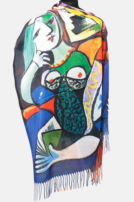 Esarfa cashmere cu fir de lurex, doua fete imprimata cu model inspirat dupa Femeie cu carte lui Picasso
