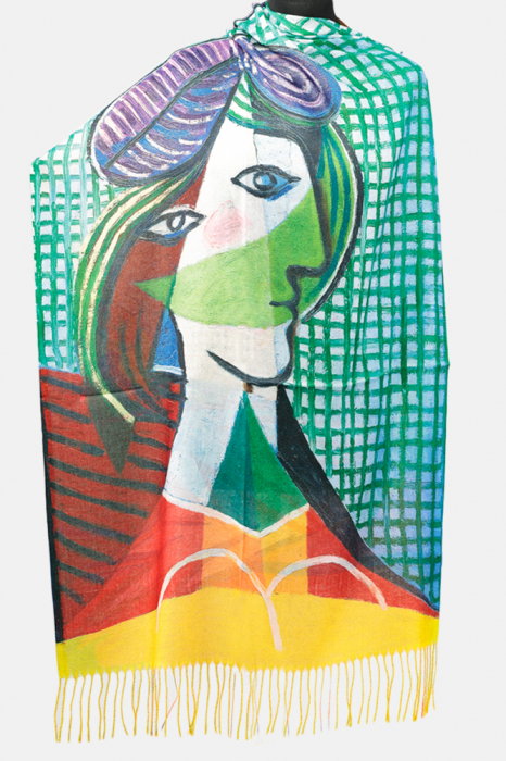 Esarfa cashmere cu fir de lurex, doua fete imprimata cu model inspirat suprarealista dupa Picasso