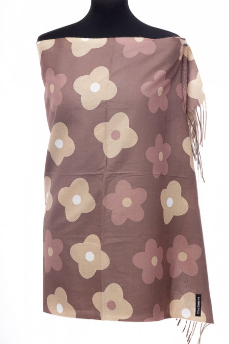 Esarfa casmir cu flori bej pe fond camel