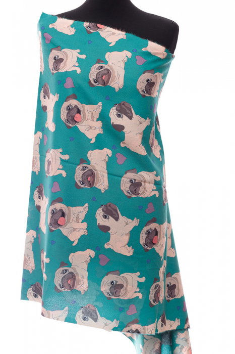 Esarfa casmir cu imprimeu catei pug pe fond verde
