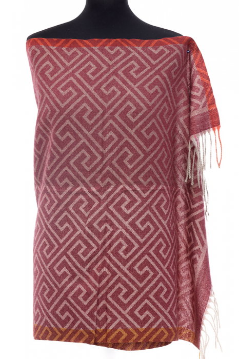 Esarfa casmir unisex cu imprimeu geometric pe fond bordo