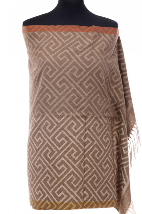 Esarfa casmir unisex cu imprimeu geometric pe fond capucino