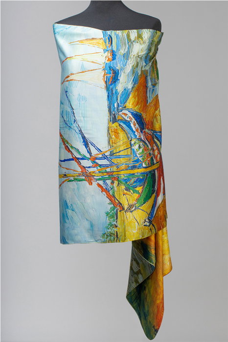 Esarfa cu doua fete, din matase, imprimata cu model inspirat dupa Barci pe plaja de Van Gogh