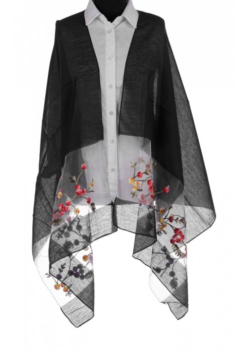 Esarfa din matase neagra, cu broderie flori pe fond transparent de organza