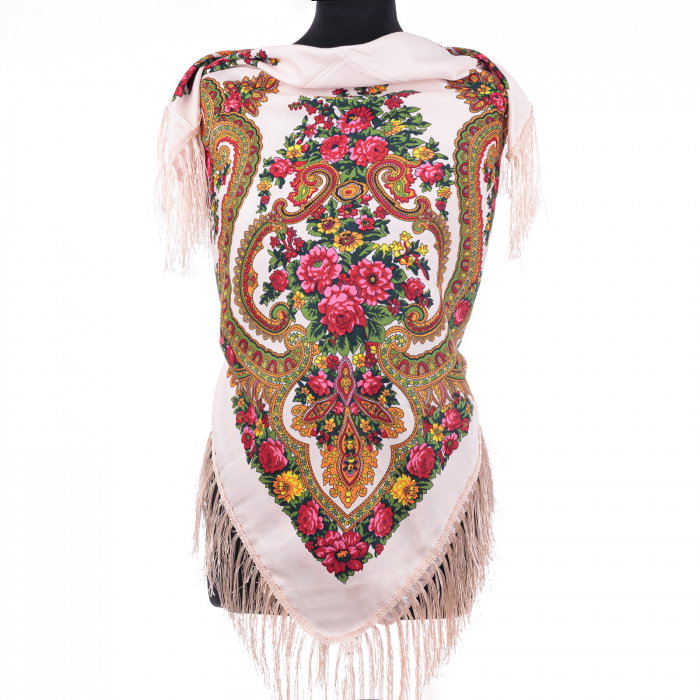 Esarfa gipsy patrata mare, tip Pavlovo Posad cu imprimeu floral traditional pe fond ivory