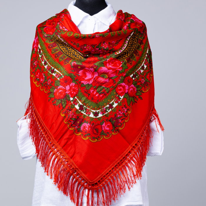 Esarfa gipsy patrata mare, tip Pavlovo Posad cu imprimeu floral traditional pe fond rosu