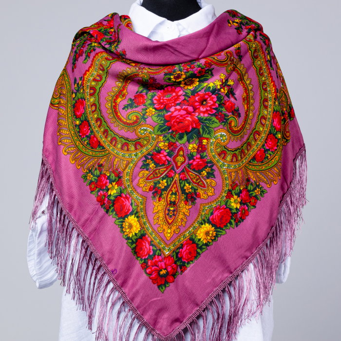 Esarfa gipsy patrata mare, tip Pavlovo Posad cu imprimeu floral traditional pe fond roz inchis