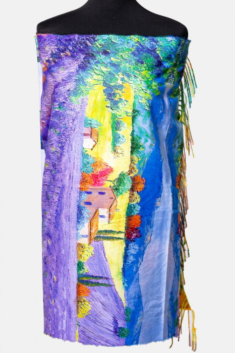 Esarfa matase doua fete imprimata cu model inspirat a unui tablou cu campuri de lavanda