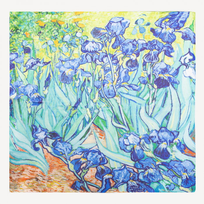 Esarfa patrata cu o fata imprimata cu model inspirat a dupa pictura Irisi a lui Van Gogh, din matase si vascoza