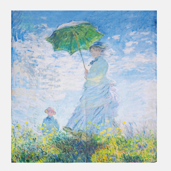 Esarfa patrata cu o singura fata imprimata cu model inspirat a dupa Fata cu umbrela a lui Claude Monet