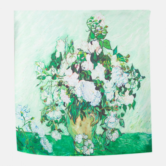 Esarfa patrata cu o singura fata imprimata cu model inspirat a dupa Vaza cu trandafiri albi de Van Gogh