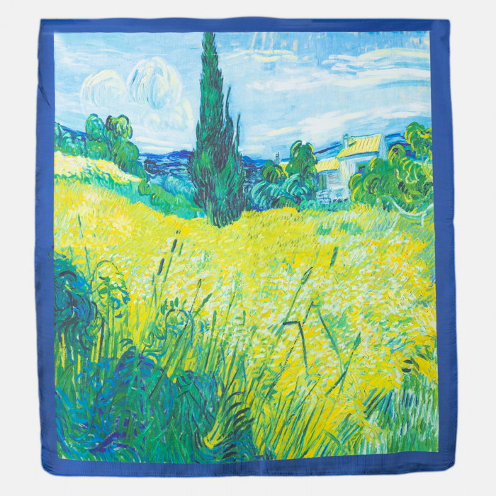 Esarfa patrata cu o singura fata imprimata cu model inspirat dupa Camp de grau si chiparosi de Van Gogh