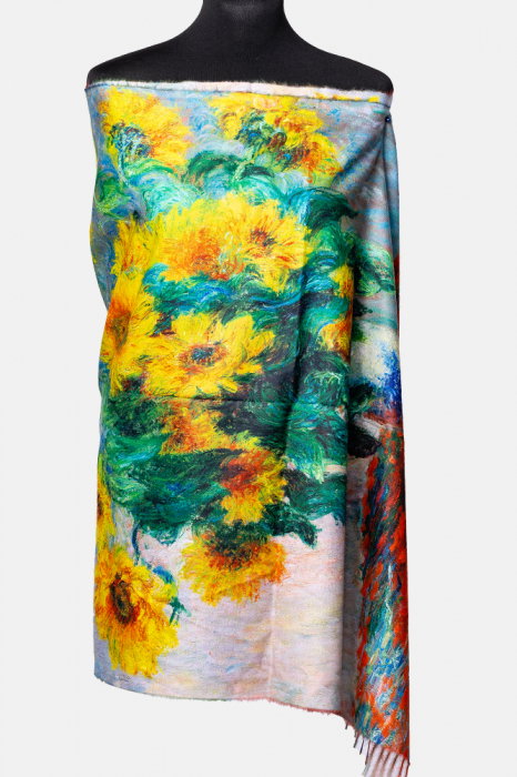 Esarfa vascoza cu fir de lurex, imprimeu dupa Floarea Soarelui de Van Gogh