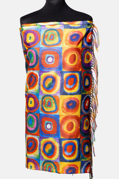 Esarfa vascoza cu fir din lurex, cu imprimeu dupa pictura moderna a lui Kandinsky