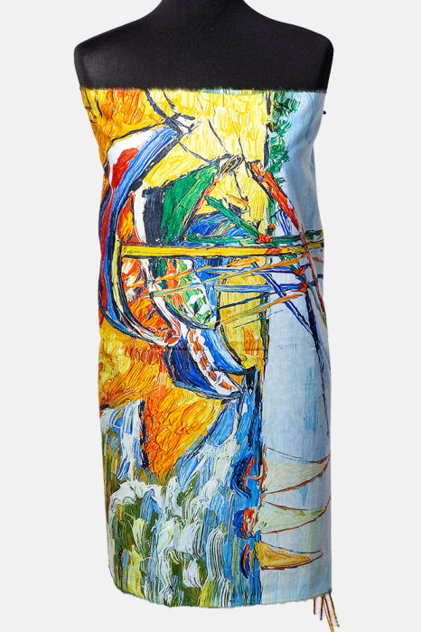 Esarfa vascoza imprimata cu model inspirat a dupa Barci pe plaja de Van Gogh
