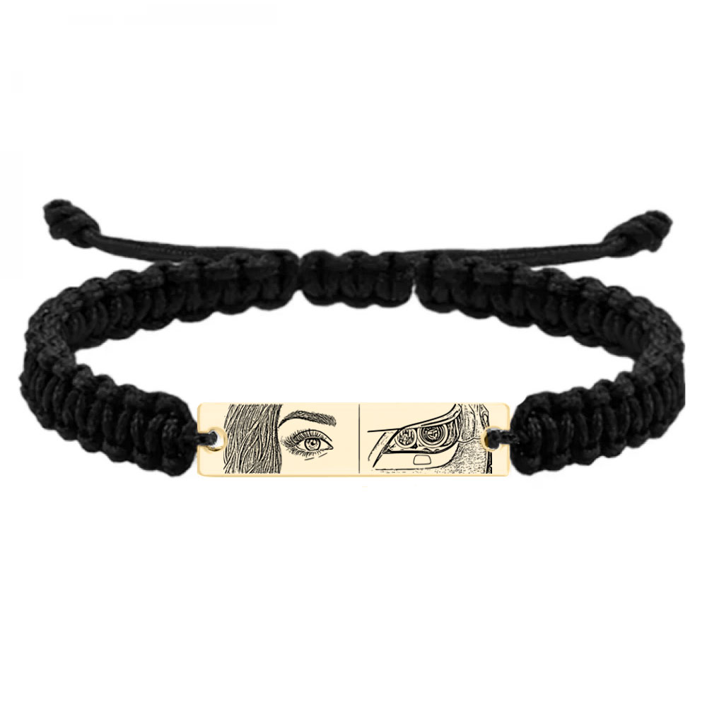 Eyes - Bratara personalizata cu fotografia ochilor si farul masinii cu snur impletit si tablita din argint 925 placat cu aur galben 24 karate