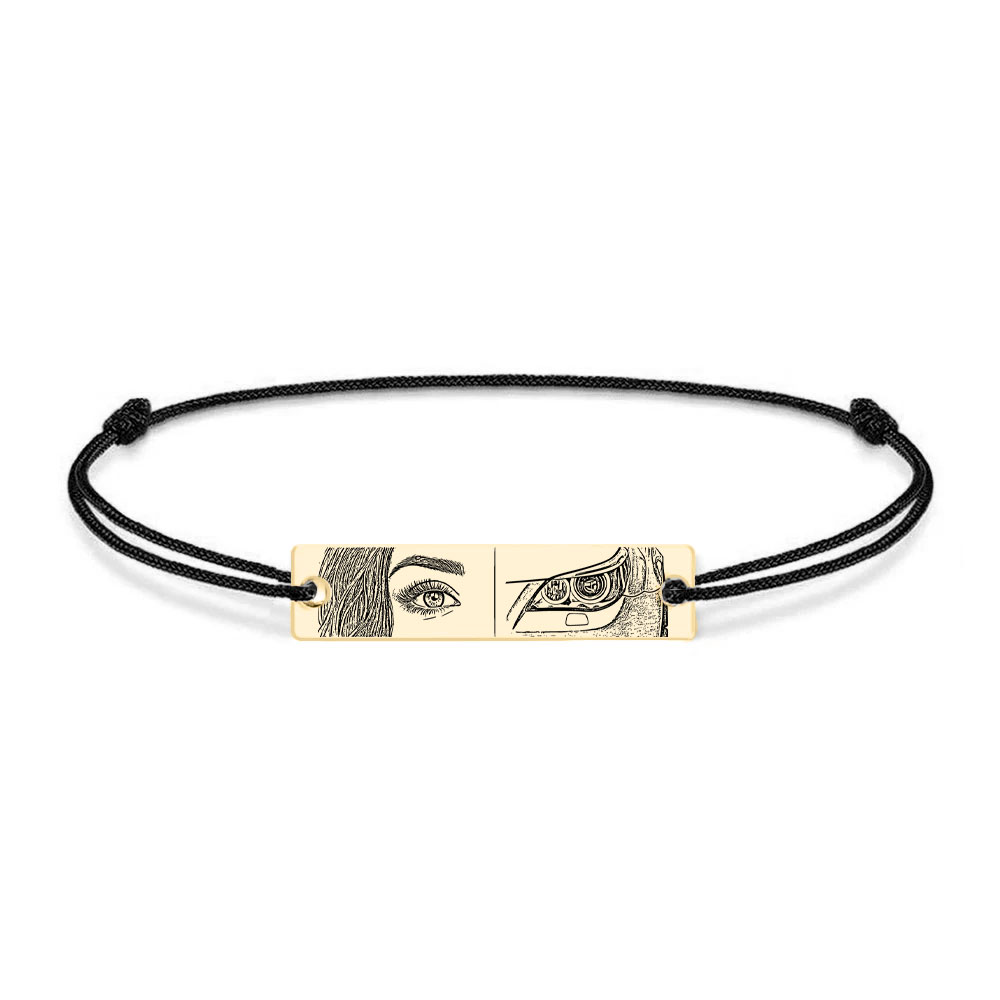 Eyes - Bratara personalizata cu fotografia ochilor si farul masinii cu snur si tablita din argint 925 placat cu aur galben 24 karate