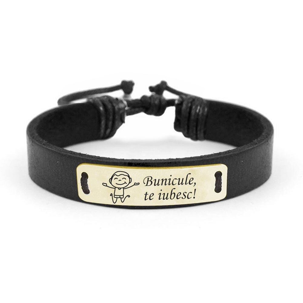 Father - Bratara personalizata pentru tata/bunic din piele cu tablita de argint placat cu aur galben 24K