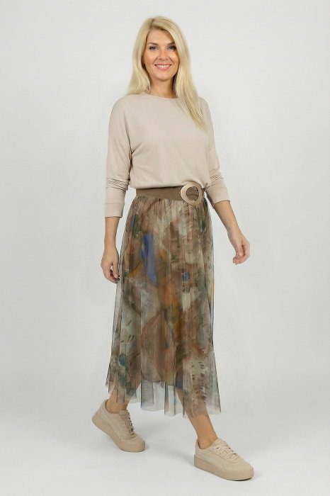 Fusta clos din tulle cu imprimeu pictural pastelat pe fond camel