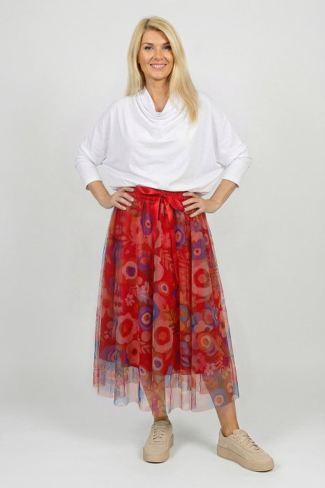 Fusta clos din tulle, rosie cu flori stilizate multicolore
