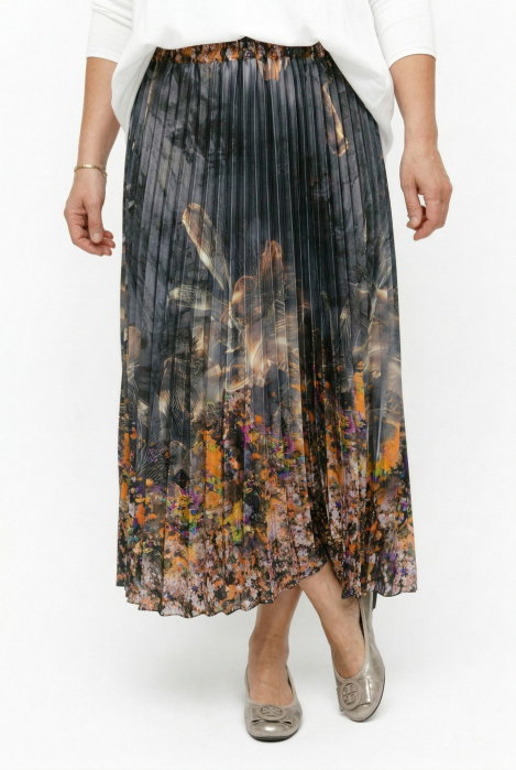 Fusta eleganta, plisata, satinata, cu imprimeu floral artistic